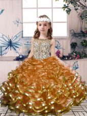 Brown Pageant Gowns For Girls Party and Military Ball and Wedding Party with Beading and Ruffles Scoop Sleeveless Lace Up
