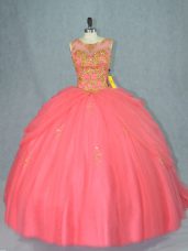 Lace Up Sweet 16 Quinceanera Dress Watermelon Red for Sweet 16 and Quinceanera with Beading Brush Train
