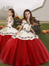 Red Sleeveless Embroidery Floor Length Little Girls Pageant Dress Wholesale