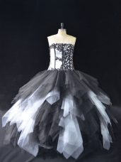 Ball Gowns Quince Ball Gowns White And Black Strapless Tulle Sleeveless Floor Length Lace Up