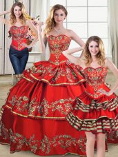Amazing Embroidery and Ruffled Layers Sweet 16 Quinceanera Dress Red Lace Up Sleeveless Floor Length