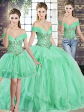 Excellent Apple Green Quinceanera Gowns Military Ball and Sweet 16 and Quinceanera with Beading and Ruffles Off The Shoulder Sleeveless Lace Up