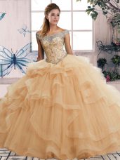 Champagne Tulle Lace Up Quinceanera Gown Sleeveless Floor Length Beading and Ruffles