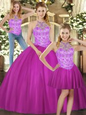 Sleeveless Floor Length Beading Lace Up Quinceanera Gown with Fuchsia