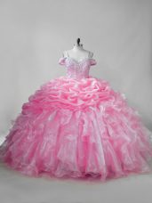 Sleeveless Beading and Ruffles and Pick Ups Lace Up Quinceanera Dresses with Pink Brush Train