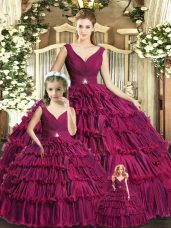Amazing Burgundy Backless Quinceanera Dresses Ruffled Layers Sleeveless Floor Length
