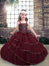 Low Price Burgundy Tulle Lace Up Kids Formal Wear Sleeveless Floor Length Beading and Ruffled Layers