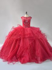 Wine Red Sleeveless Beading and Ruffles Lace Up Sweet 16 Quinceanera Dress