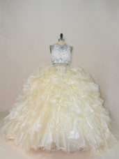 Zipper Quinceanera Gowns Champagne for Sweet 16 and Quinceanera with Beading and Lace Brush Train