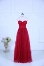 Wine Red Tulle Zipper Bridesmaid Dress Sleeveless Floor Length Ruching