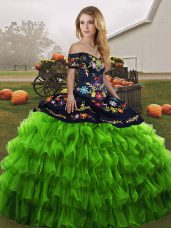 Green Lace Up Off The Shoulder Embroidery and Ruffled Layers Sweet 16 Dress Organza Sleeveless