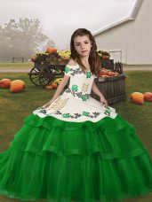 Green Tulle Lace Up Straps Sleeveless Floor Length Pageant Gowns Embroidery and Ruffled Layers
