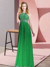 Custom Design Green Chiffon Backless Scoop Sleeveless Floor Length Prom Gown Beading