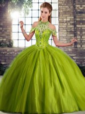 Best Olive Green Lace Up Halter Top Beading Quinceanera Dresses Tulle Sleeveless Brush Train