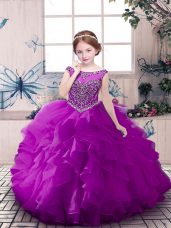 Scoop Sleeveless Little Girls Pageant Dress Floor Length Beading and Ruffles Purple Organza