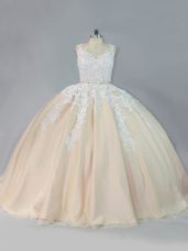 Custom Design Champagne Zipper Scoop Appliques Quince Ball Gowns Tulle Sleeveless Court Train