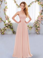 Exquisite Pink Lace Up Quinceanera Dama Dress Ruching Sleeveless Floor Length
