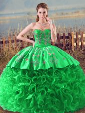 High Class Green Sweetheart Neckline Embroidery and Ruffles Ball Gown Prom Dress Sleeveless Lace Up