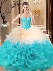 Cute Floor Length Multi-color Quinceanera Gown Fabric With Rolling Flowers Sleeveless Beading and Ruffles