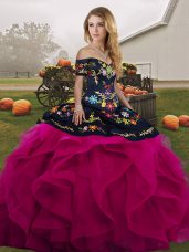 Spectacular Floor Length Lace Up Quinceanera Gowns Fuchsia for Military Ball and Sweet 16 and Quinceanera with Embroidery and Ruffles