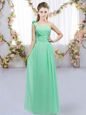 Turquoise Chiffon Lace Up One Shoulder Sleeveless Floor Length Bridesmaids Dress Hand Made Flower