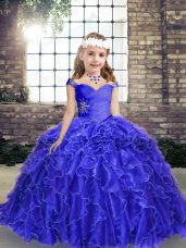 Blue Kids Formal Wear Party and Wedding Party with Beading and Ruffles Straps Sleeveless Lace Up