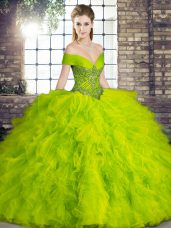 Nice Off The Shoulder Sleeveless Tulle Quince Ball Gowns Beading and Ruffles Lace Up