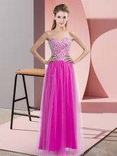 Fuchsia Empire Tulle Sweetheart Sleeveless Beading Floor Length Lace Up Prom Dresses