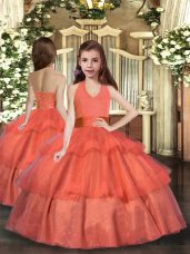 Floor Length Lace Up Kids Formal Wear Orange Red for Party and Wedding Party with Ruffled Layers