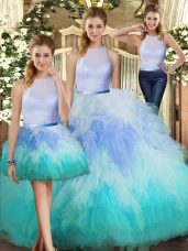 Spectacular Multi-color Tulle Backless Quinceanera Gown Sleeveless Floor Length Ruffles