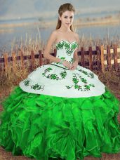 Hot Sale Sweetheart Sleeveless Sweet 16 Dresses Floor Length Embroidery and Ruffles and Bowknot Green Organza