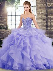 Smart Lavender Ball Gowns Tulle Sweetheart Sleeveless Beading and Ruffles Lace Up Sweet 16 Dresses Brush Train