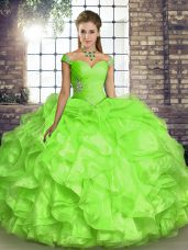 Adorable Yellow Green Ball Gowns Beading and Ruffles Quinceanera Dress Lace Up Organza Sleeveless Floor Length