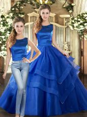 Enchanting Sleeveless Tulle Floor Length Lace Up Sweet 16 Quinceanera Dress in Royal Blue with Ruffled Layers