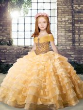Orange Ball Gowns Straps Sleeveless Organza Brush Train Lace Up Beading and Ruffled Layers Little Girls Pageant Dress