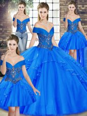 Adorable Royal Blue Off The Shoulder Neckline Beading and Ruffles Quinceanera Dress Sleeveless Lace Up