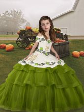 Popular Olive Green Tulle Lace Up Straps Sleeveless Floor Length Kids Formal Wear Embroidery and Ruffled Layers