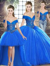 Trendy Brush Train Three Pieces Quinceanera Dresses Royal Blue Off The Shoulder Organza Sleeveless Lace Up