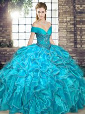 Spectacular Aqua Blue Lace Up Ball Gown Prom Dress Beading and Ruffles Sleeveless Floor Length