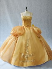 Fitting Gold Lace Up Quinceanera Dress Appliques Sleeveless Floor Length