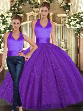 Purple Sequined Lace Up Halter Top Sleeveless Floor Length Sweet 16 Quinceanera Dress Ruching