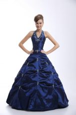 Taffeta Halter Top Sleeveless Lace Up Embroidery and Pick Ups Quinceanera Dress in Royal Blue