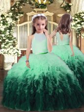 Unique High-neck Sleeveless Tulle Pageant Dress for Teens Ruffles Backless