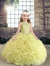 Yellow Green Fabric With Rolling Flowers Lace Up Scoop Sleeveless Floor Length Little Girls Pageant Dress Beading