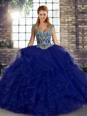 Floor Length Purple Quince Ball Gowns Tulle Sleeveless Beading and Ruffles