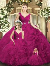 Fuchsia Ball Gowns V-neck Sleeveless Fabric With Rolling Flowers Floor Length Backless Beading Vestidos de Quinceanera