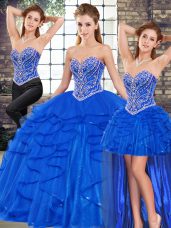 Dramatic Floor Length Royal Blue Sweet 16 Dresses Tulle Sleeveless Beading and Ruffles