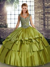 Olive Green Taffeta Lace Up Quinceanera Dresses Sleeveless Floor Length Beading and Ruffled Layers