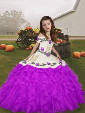 Floor Length Lace Up Girls Pageant Dresses Purple for Party and Wedding Party with Beading and Ruffles