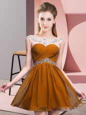 Suitable Chiffon Scoop Sleeveless Backless Beading and Ruching Prom Dresses in Brown